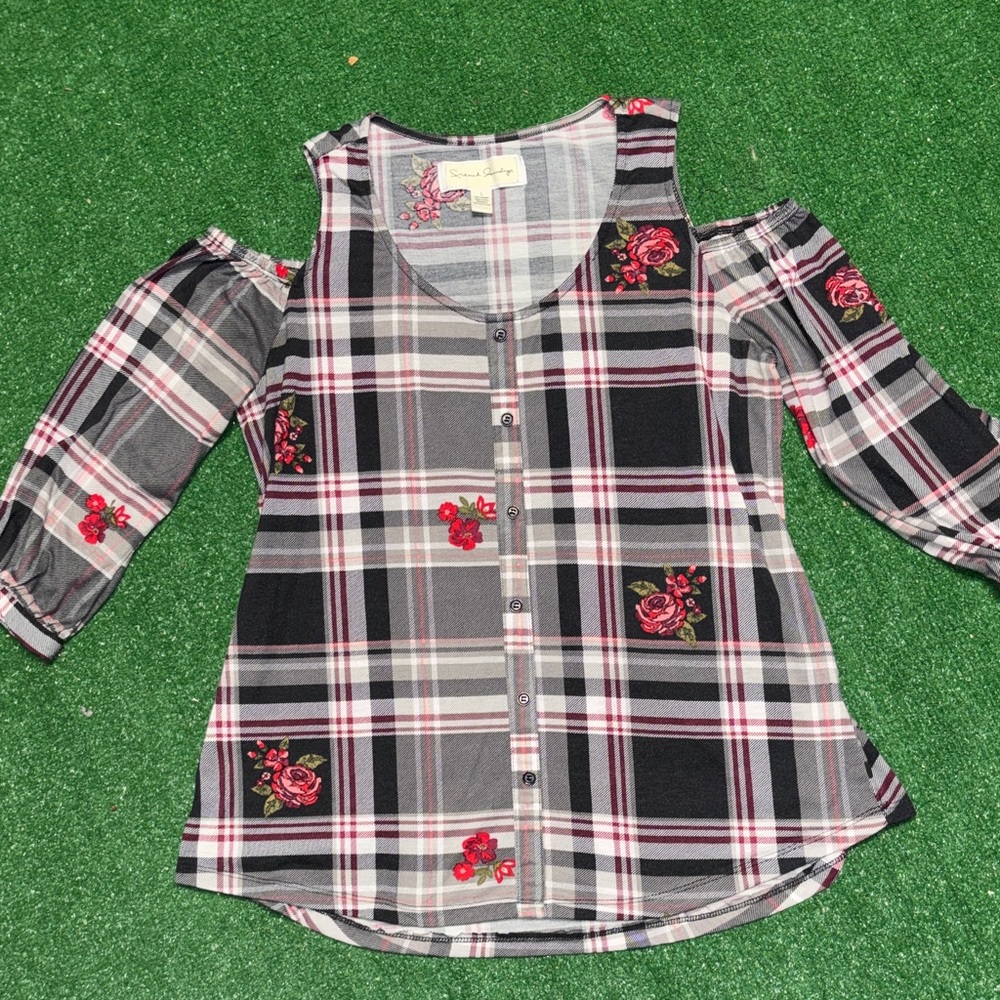 French Laundry Black and Gray Plaid Women’s Button Down Shirt